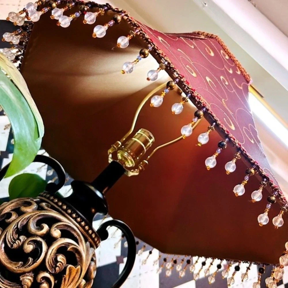 Moody Vintage Table Lamp‎ with Deep Burgundy Shade| Ornate Baroque Decor